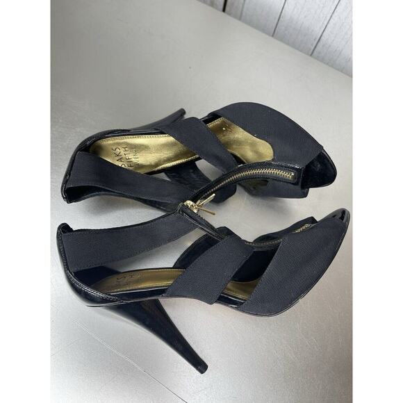 Saks Fifth Avenue Women's Sari Sandal Size 7.5 Zip Heels Black Gold - Picture 5 of 7